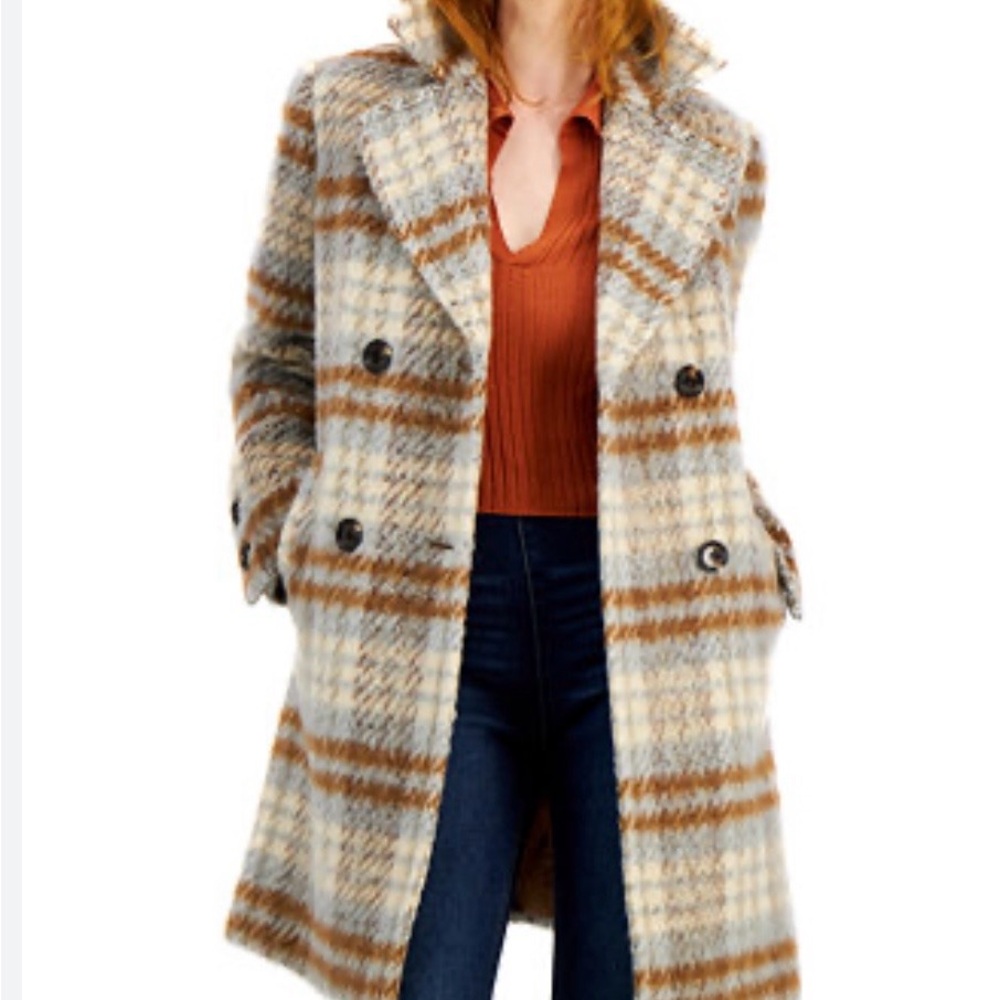 Sam Edelman Cream and Brown Plaid Trench Coat